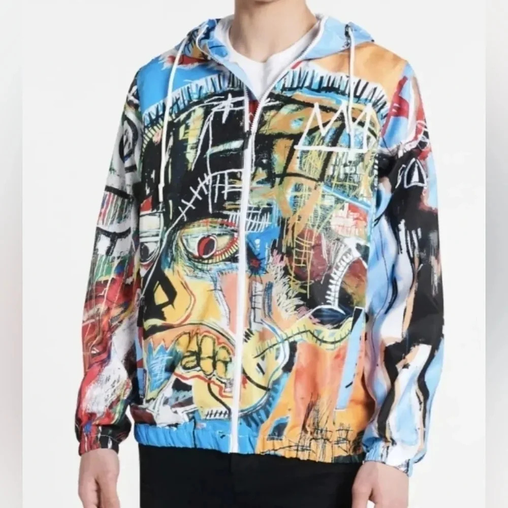 Members Only + Jean-Michel Basquiat Windbreaker Hooded Jacket, Full Zip, EUC!